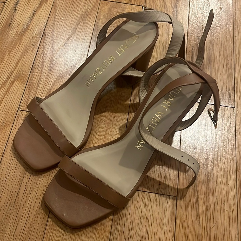 Stuart Weitzman heeled sandal, worn once. The Nearly Bare sandal in Tan